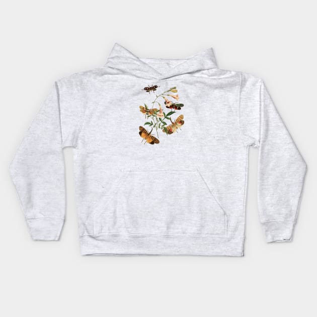 Moths and  Flower Nature Illustration Kids Hoodie by Biophilia